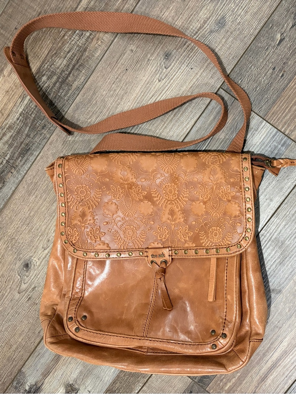 The Sak tan Embossed Leather Crossbody with Stud Trim